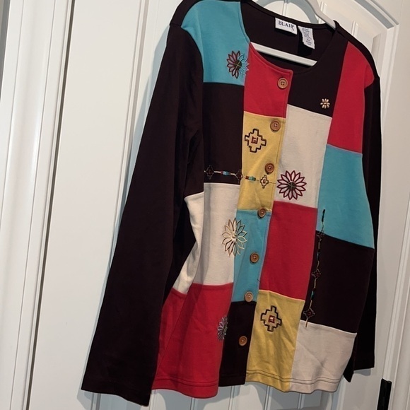 Southwest tribal western boho folk Blair button down patchwork top size XL - Picture 9 of 10